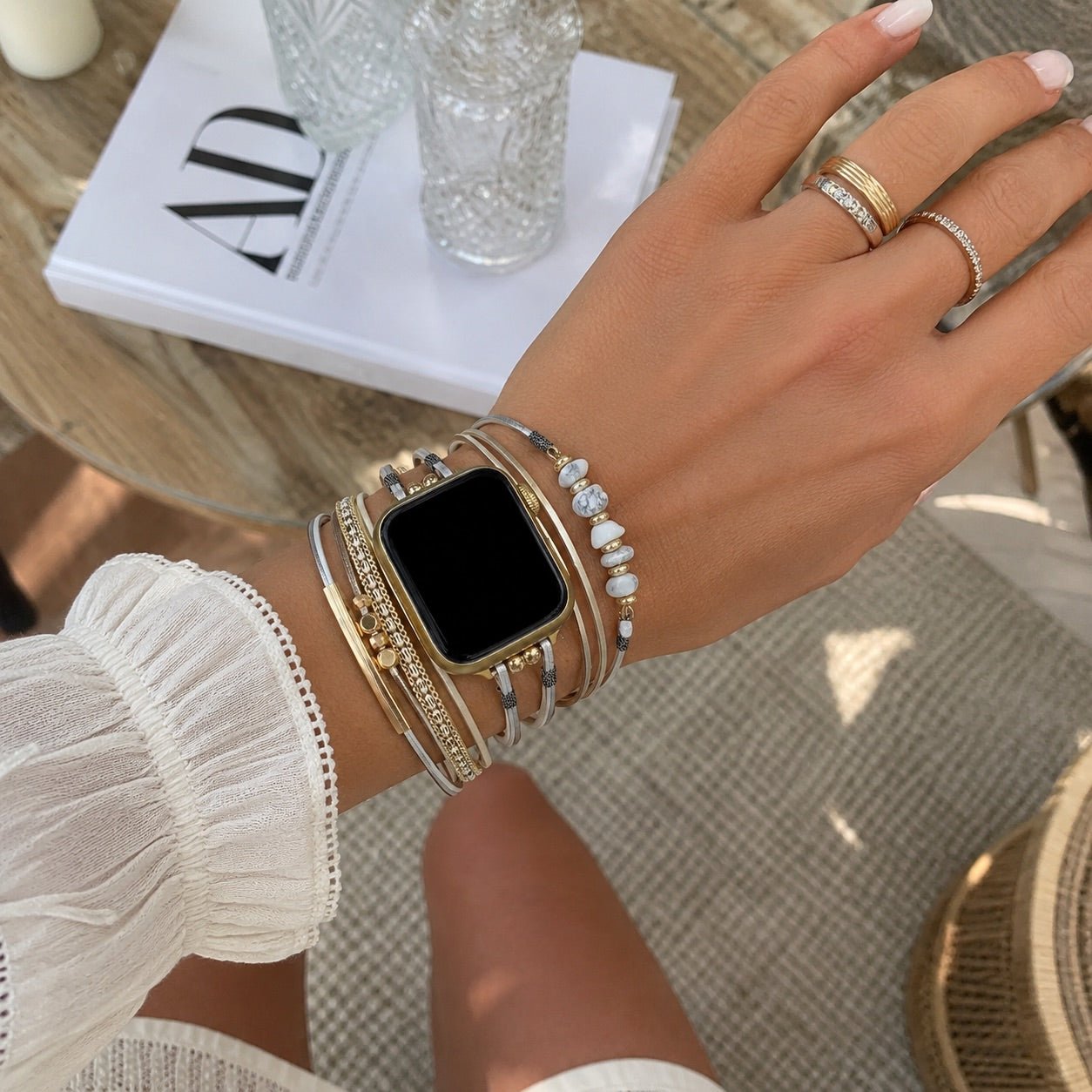 Women's multi-cord watch bracelet with gold details and green stones, elegant wrist accessory, Jaonie
