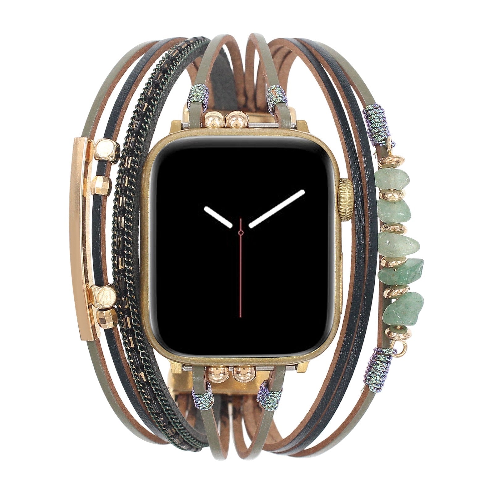 Women's multi-cord watch bracelet with gold details and green stones, elegant wrist accessory, Jaonie