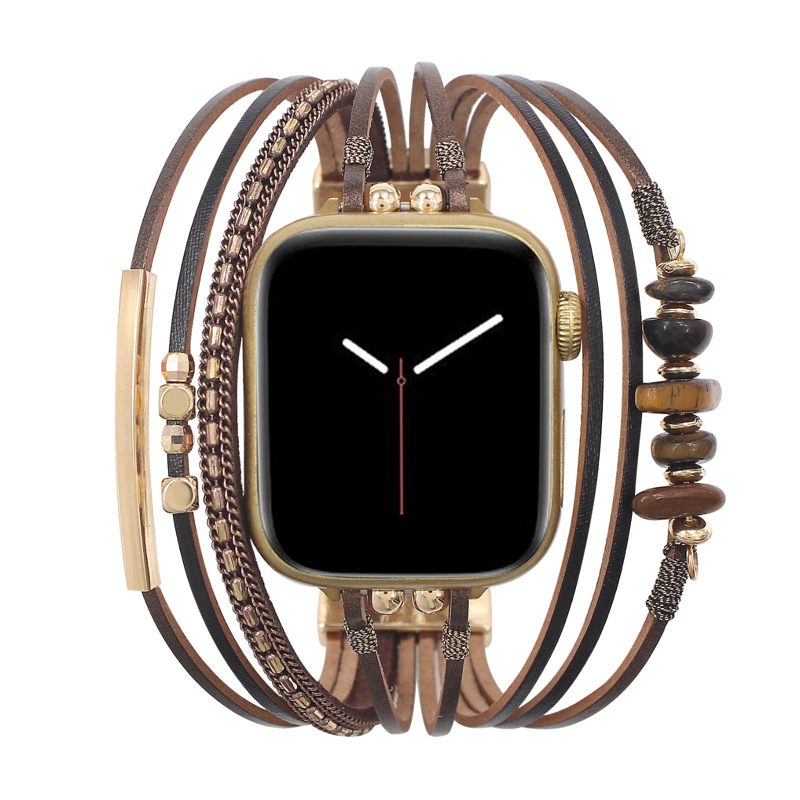 Women's multi-cord watch bracelet with gold details and green stones, elegant wrist accessory, Jaonie