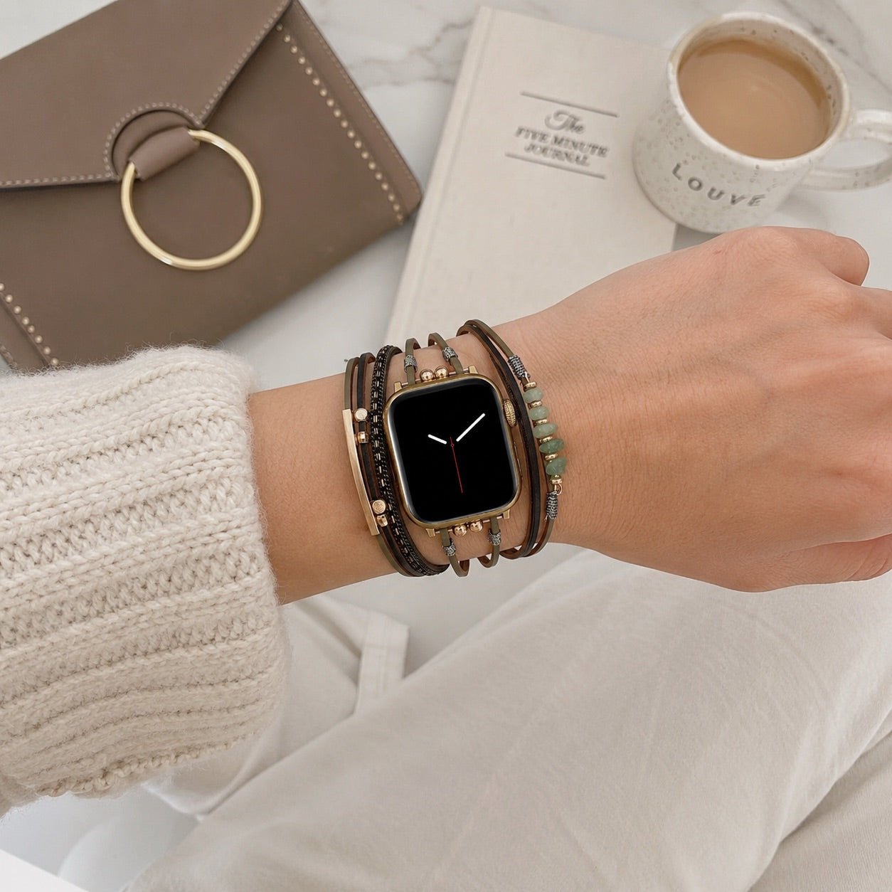 Women's multi-cord watch bracelet with gold details and green stones, elegant wrist accessory, Jaonie