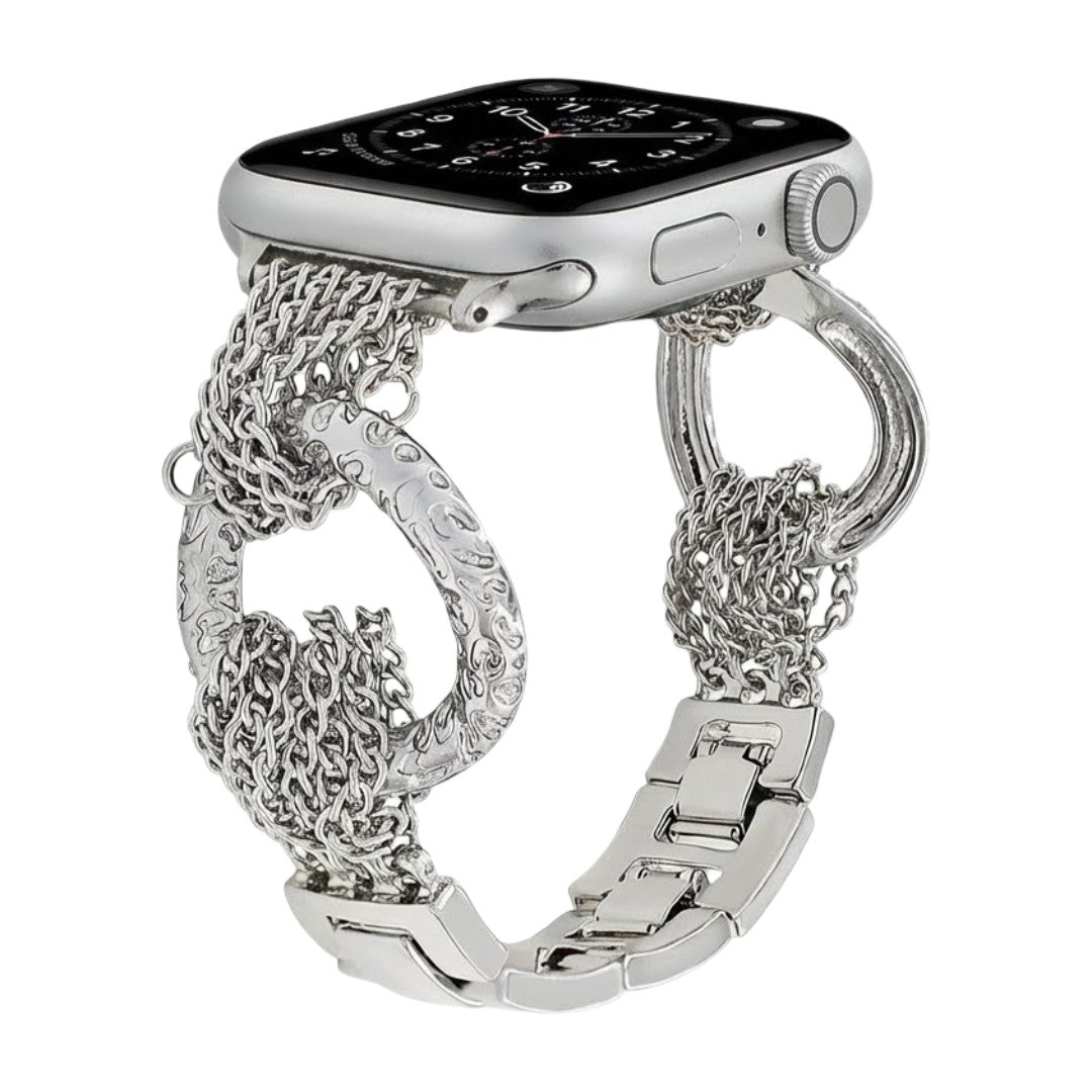 Luxury-style watch bracelet for Apple Watch, braided stainless steel, multiple links, shiny sculpted rings, Dyxie model