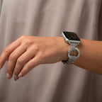 Luxury-style watch bracelet for Apple Watch, braided stainless steel, multiple links, shiny sculpted rings, Dyxie model