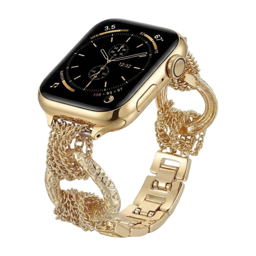 Luxury-style watch bracelet for Apple Watch, braided stainless steel, multiple links, shiny sculpted rings, Dyxie model