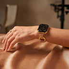 Luxury-style watch bracelet for Apple Watch, braided stainless steel, multiple links, shiny sculpted rings, Dyxie model