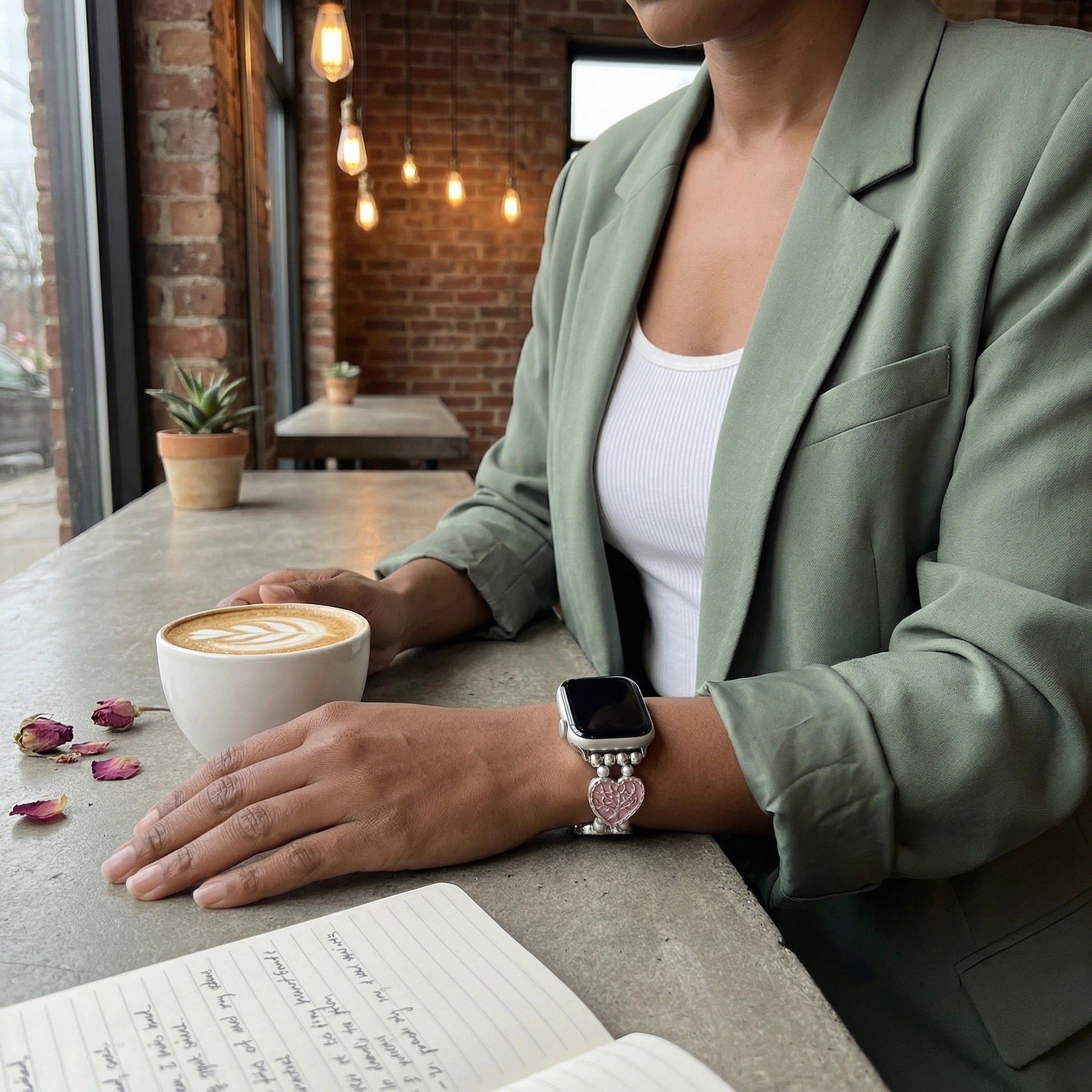 Elastic Apple Watch Bracelet, enamel heart links with tree of life design, Cabra model