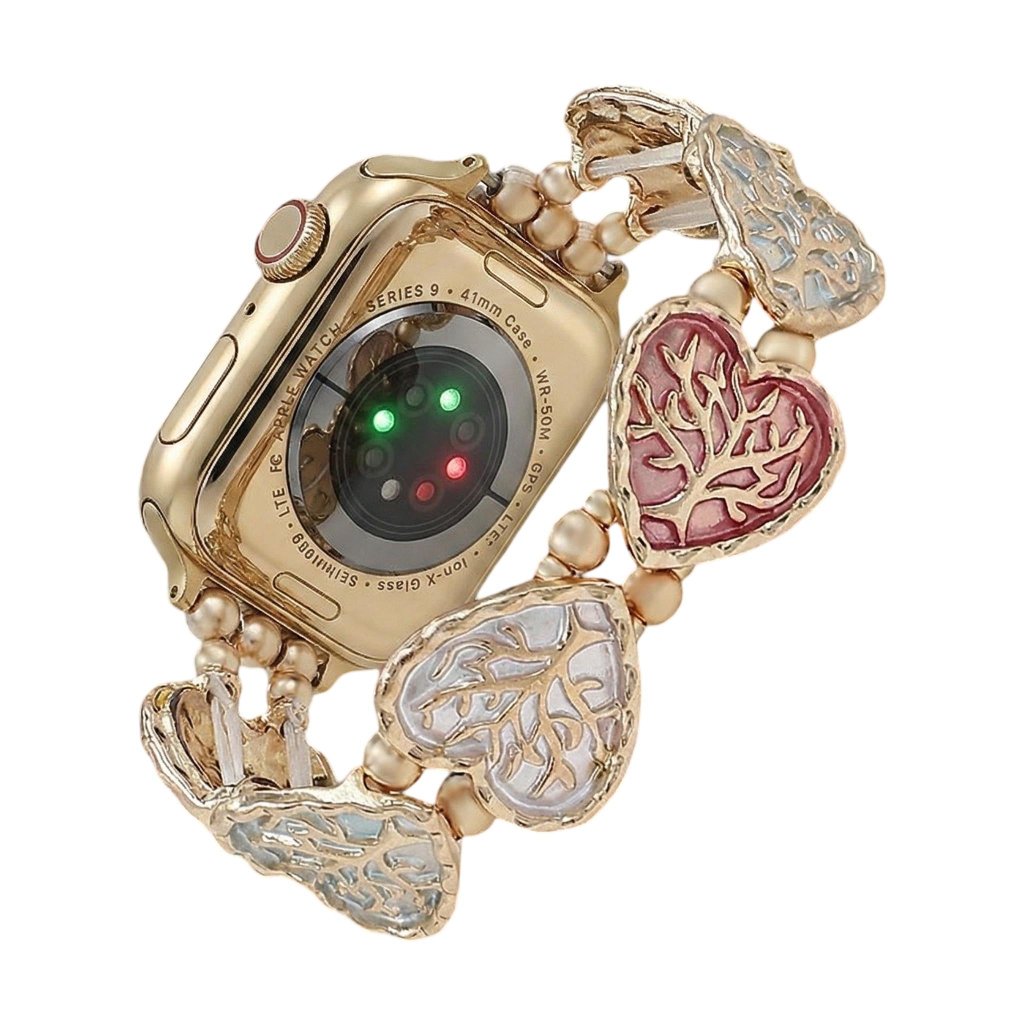 Elastic Apple Watch Bracelet, enamel heart links with tree of life design, Cabra model