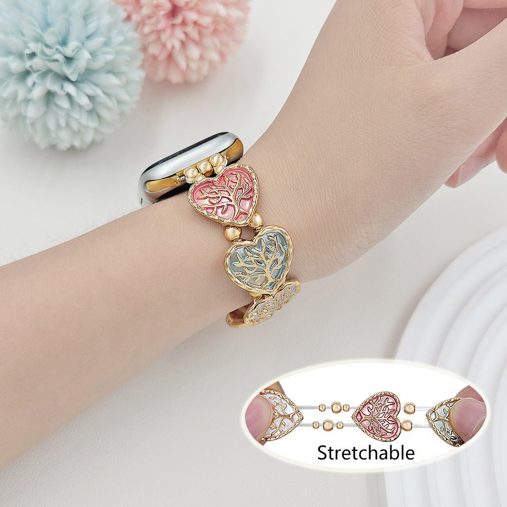 Elastic Apple Watch Bracelet, enamel heart links with tree of life design, Cabra model