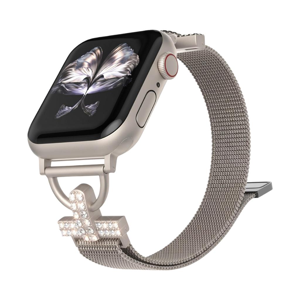 Mesh bracelet for Apple Watch, stainless steel with magnetic clasp, cross ornament and zirconium oxide, Aménia model