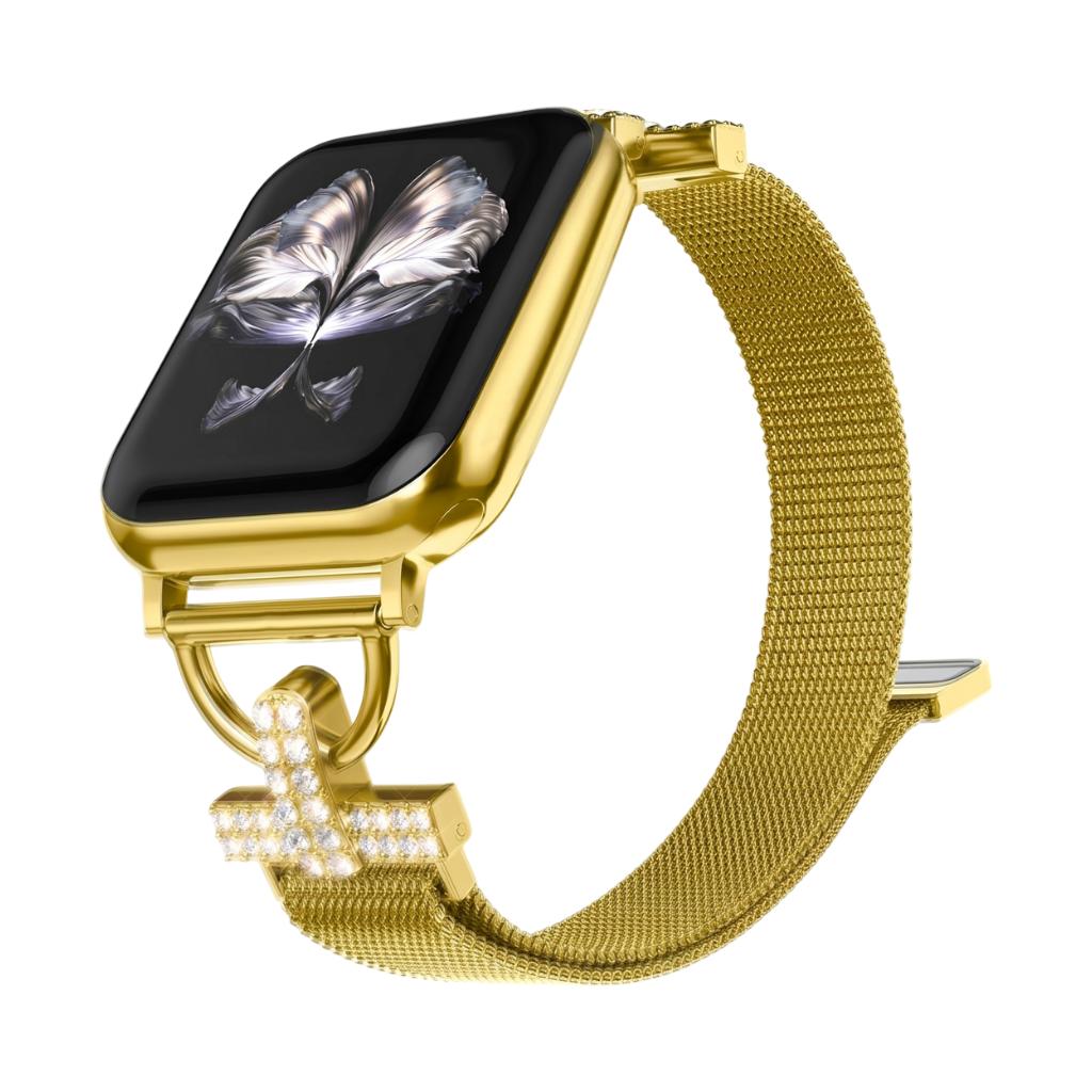 Mesh bracelet for Apple Watch, stainless steel with magnetic clasp, cross ornament and zirconium oxide, Aménia model
