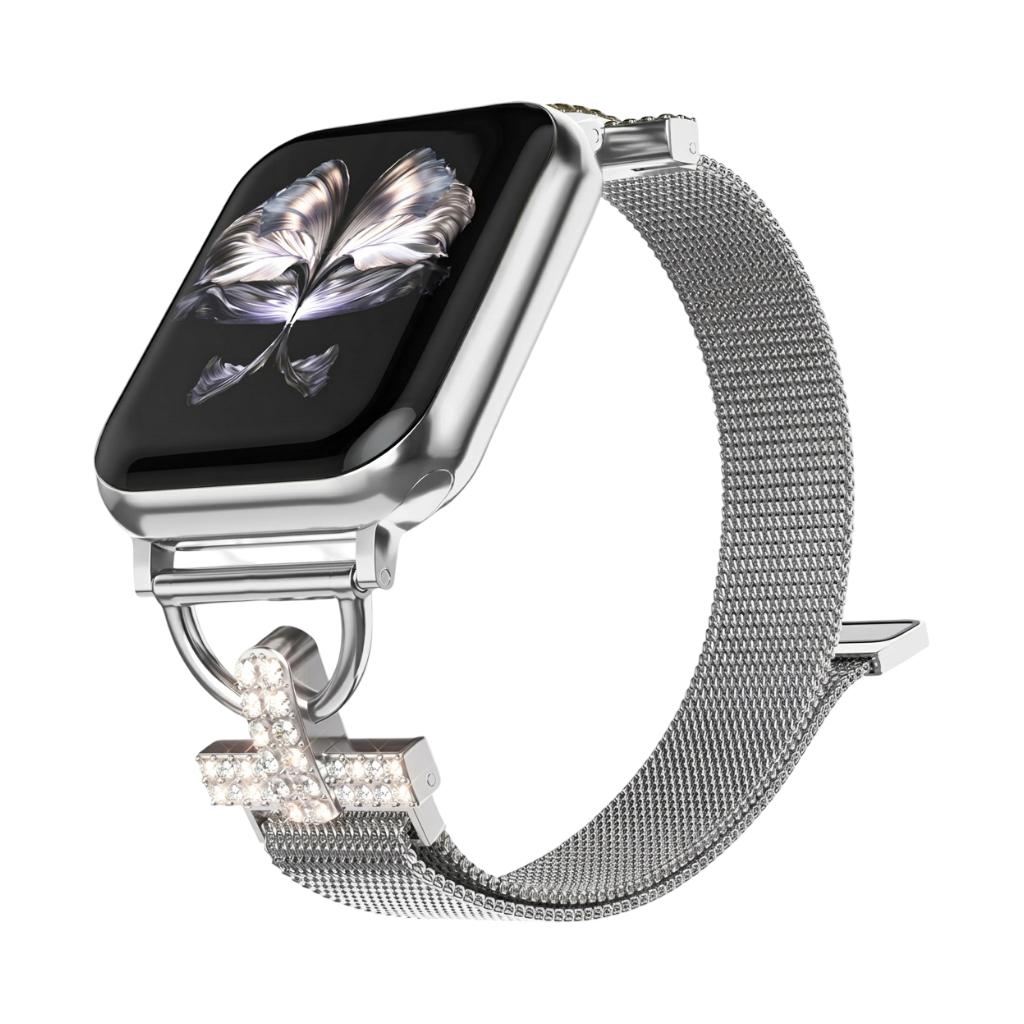 Mesh bracelet for Apple Watch, stainless steel with magnetic clasp, cross ornament and zirconium oxide, Aménia model