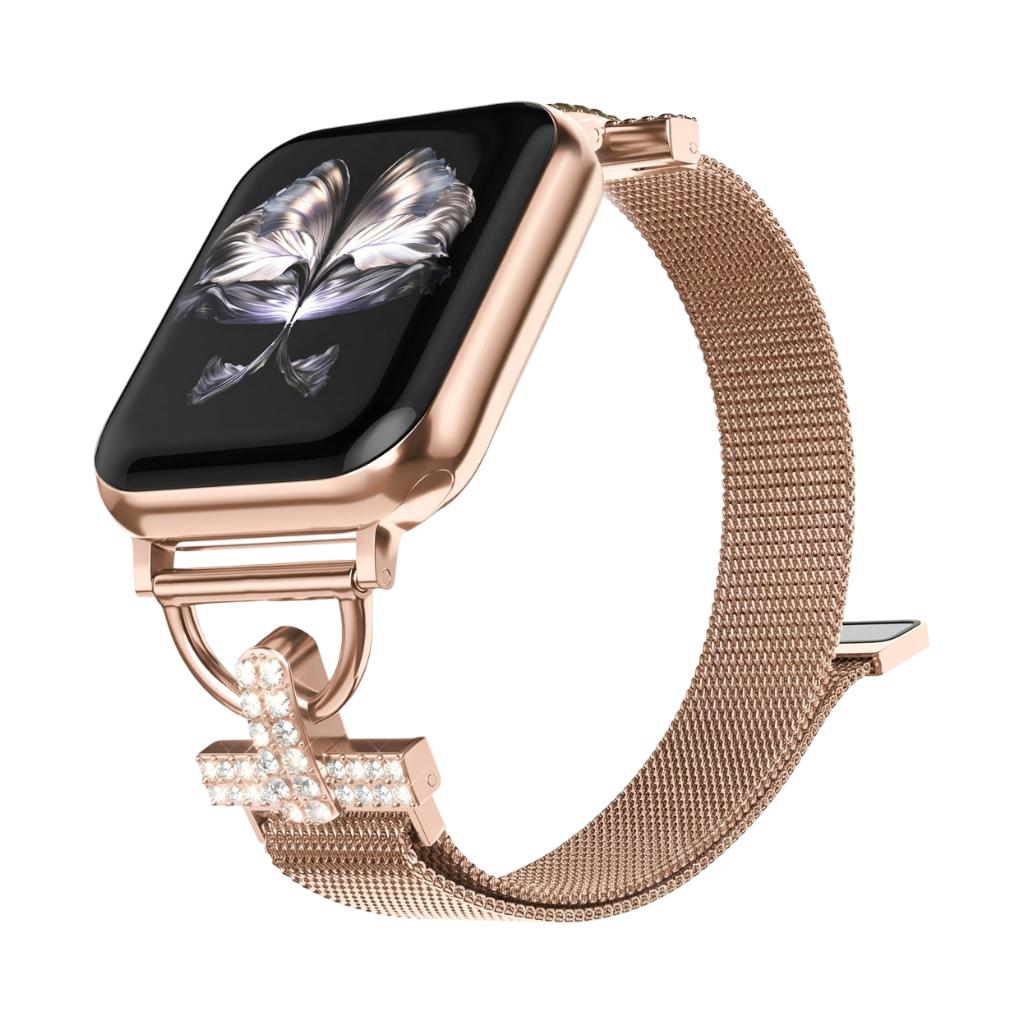 Mesh bracelet for Apple Watch, stainless steel with magnetic clasp, cross ornament and zirconium oxide, Aménia model