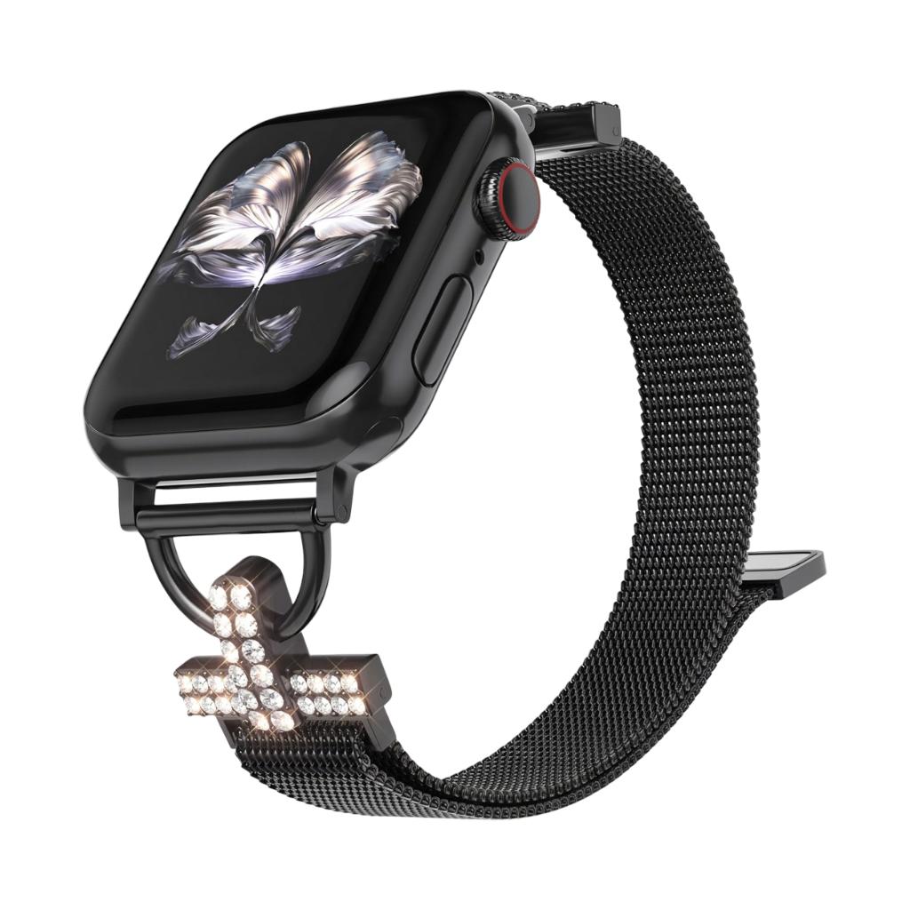 Mesh bracelet for Apple Watch, stainless steel with magnetic clasp, cross ornament and zirconium oxide, Aménia model