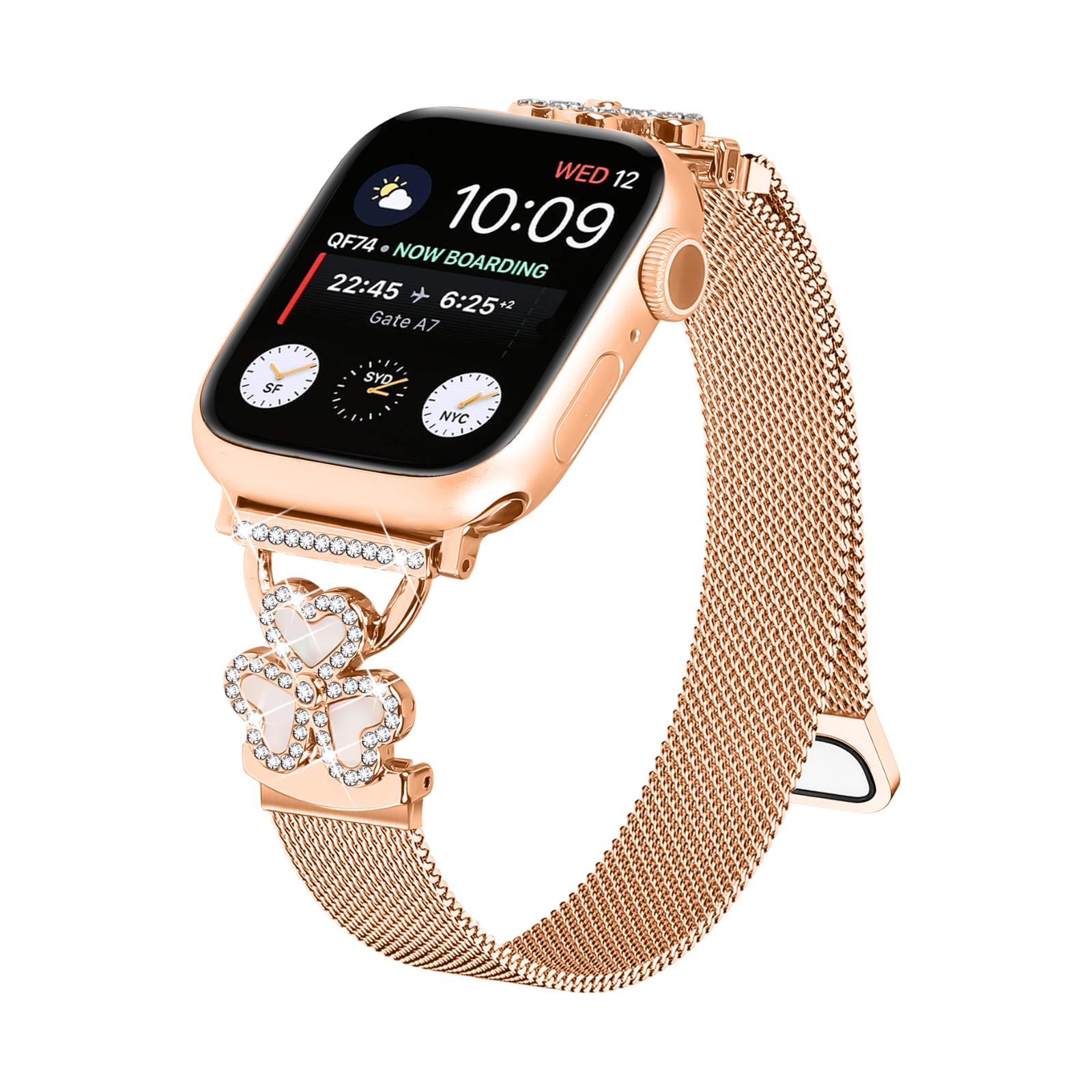 Mesh bracelet for Apple Watch, stainless steel with magnetic clasp, clover pendant set with zirconium oxide and mother-of-pearl, Podale model