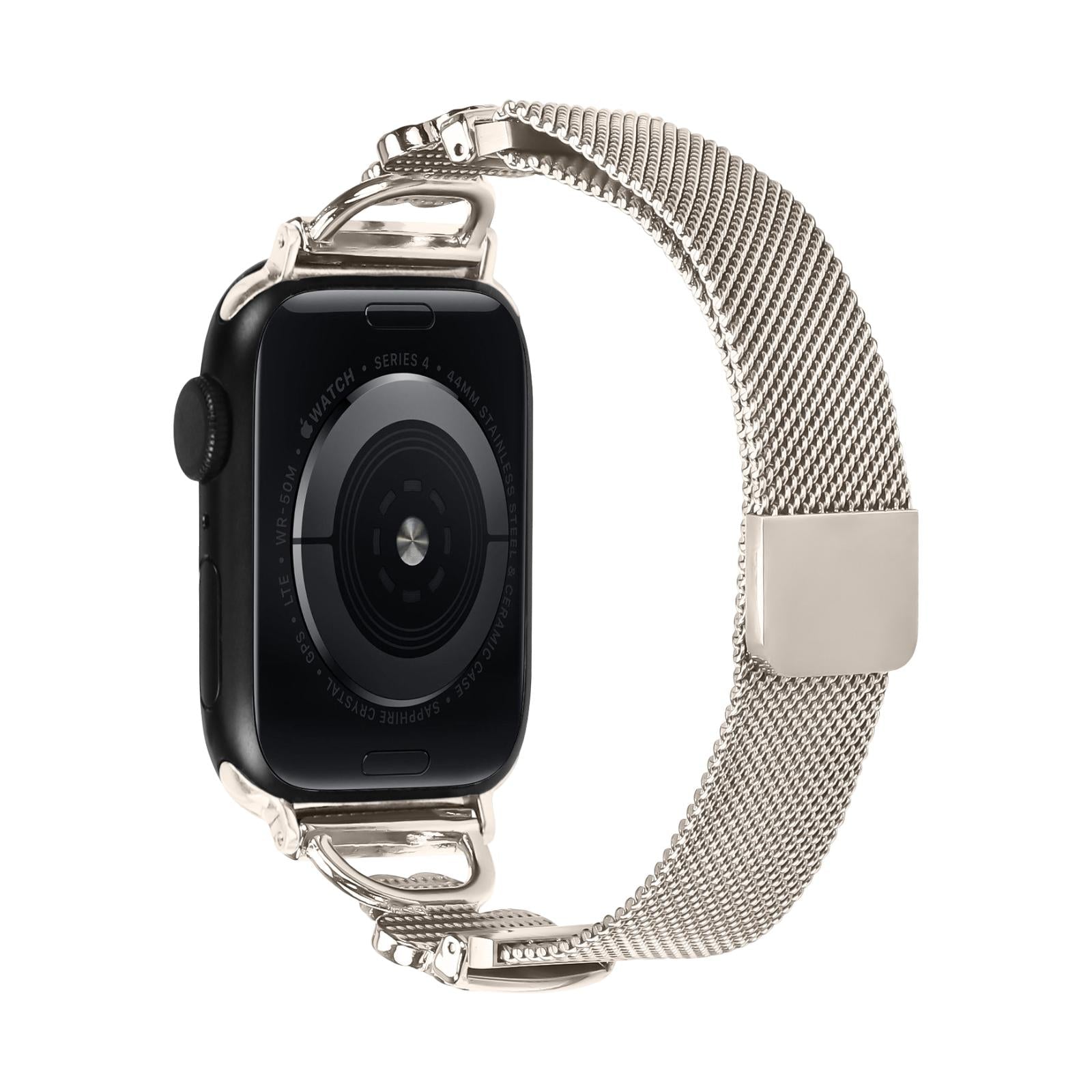 Mesh bracelet for Apple Watch, stainless steel with magnetic clasp, clover pendant set with zirconium oxide and mother-of-pearl, Podale model