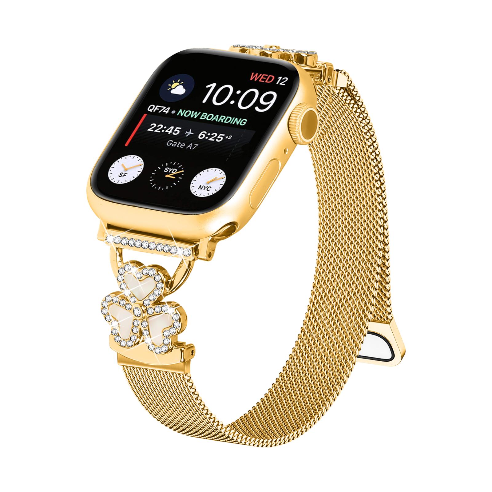 Mesh bracelet for Apple Watch, stainless steel with magnetic clasp, clover pendant set with zirconium oxide and mother-of-pearl, Podale model