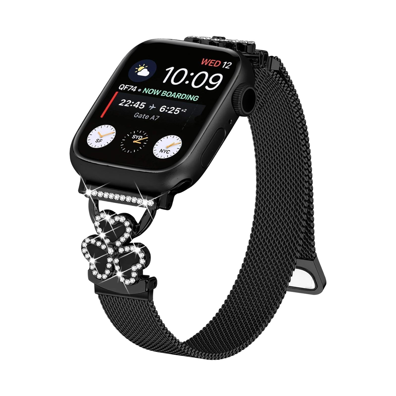Mesh bracelet for Apple Watch, stainless steel with magnetic clasp, clover pendant set with zirconium oxide and mother-of-pearl, Podale model