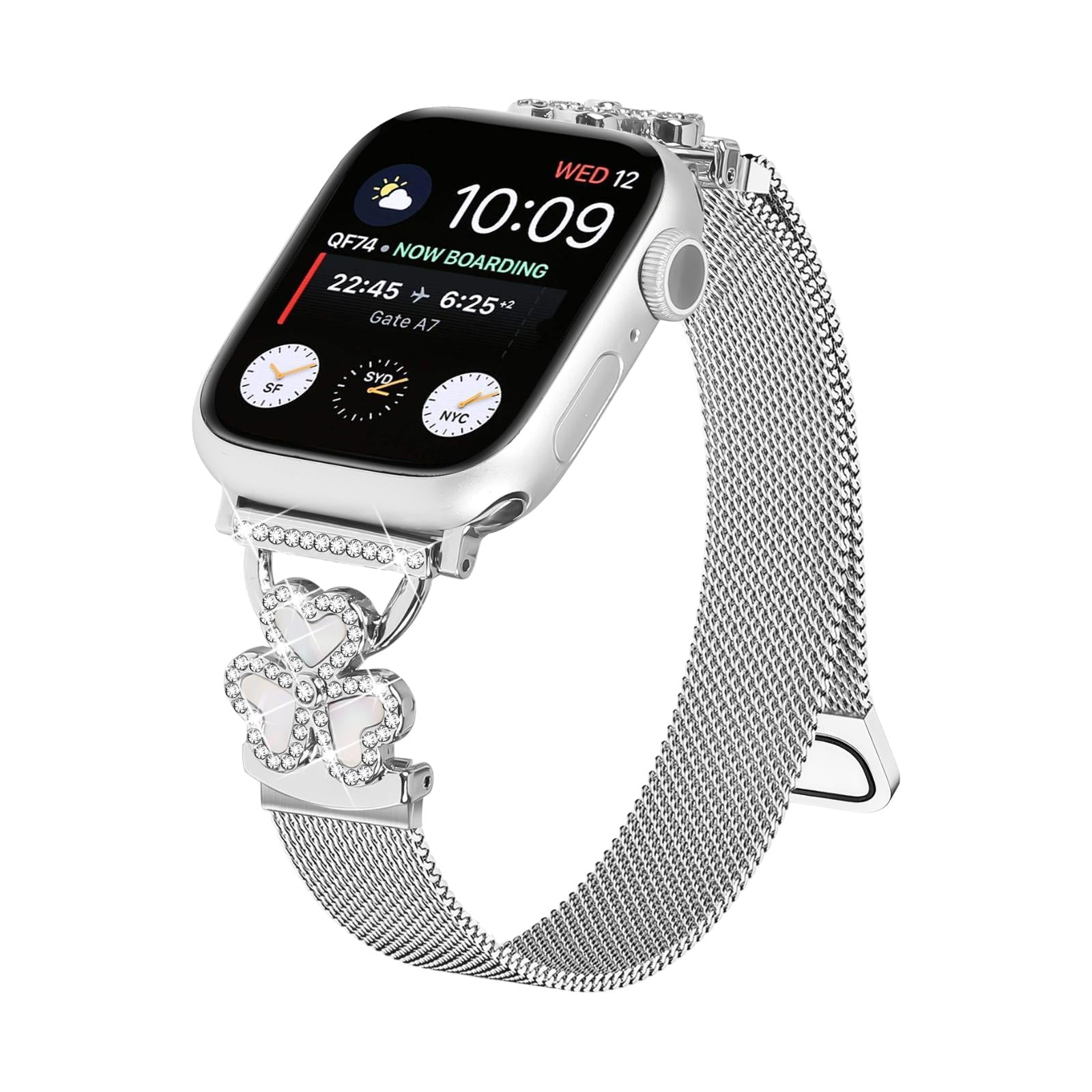 Mesh bracelet for Apple Watch, stainless steel with magnetic clasp, clover pendant set with zirconium oxide and mother-of-pearl, Podale model