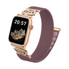 Elastic nylon bracelet for Apple Watch, stainless steel connectors with crown motif set with crystals, adjustable and lightweight, Irène model