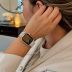 Elastic nylon bracelet for Apple Watch, stainless steel connectors with crown motif set with crystals, adjustable and lightweight, Irène model