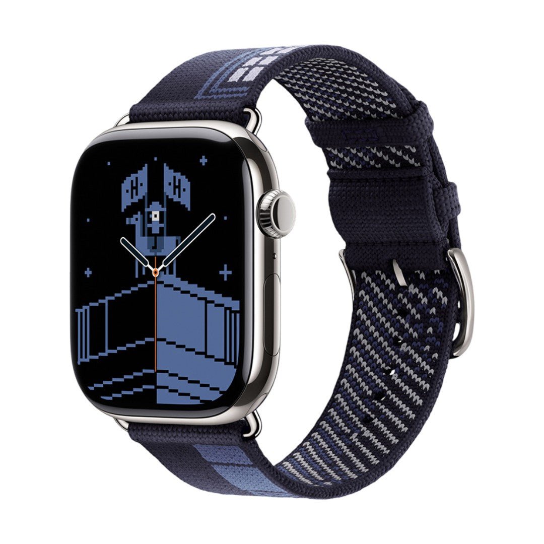Woven nylon strap for Apple Watch, pixelated geometric pattern, pin buckle, Aréna model