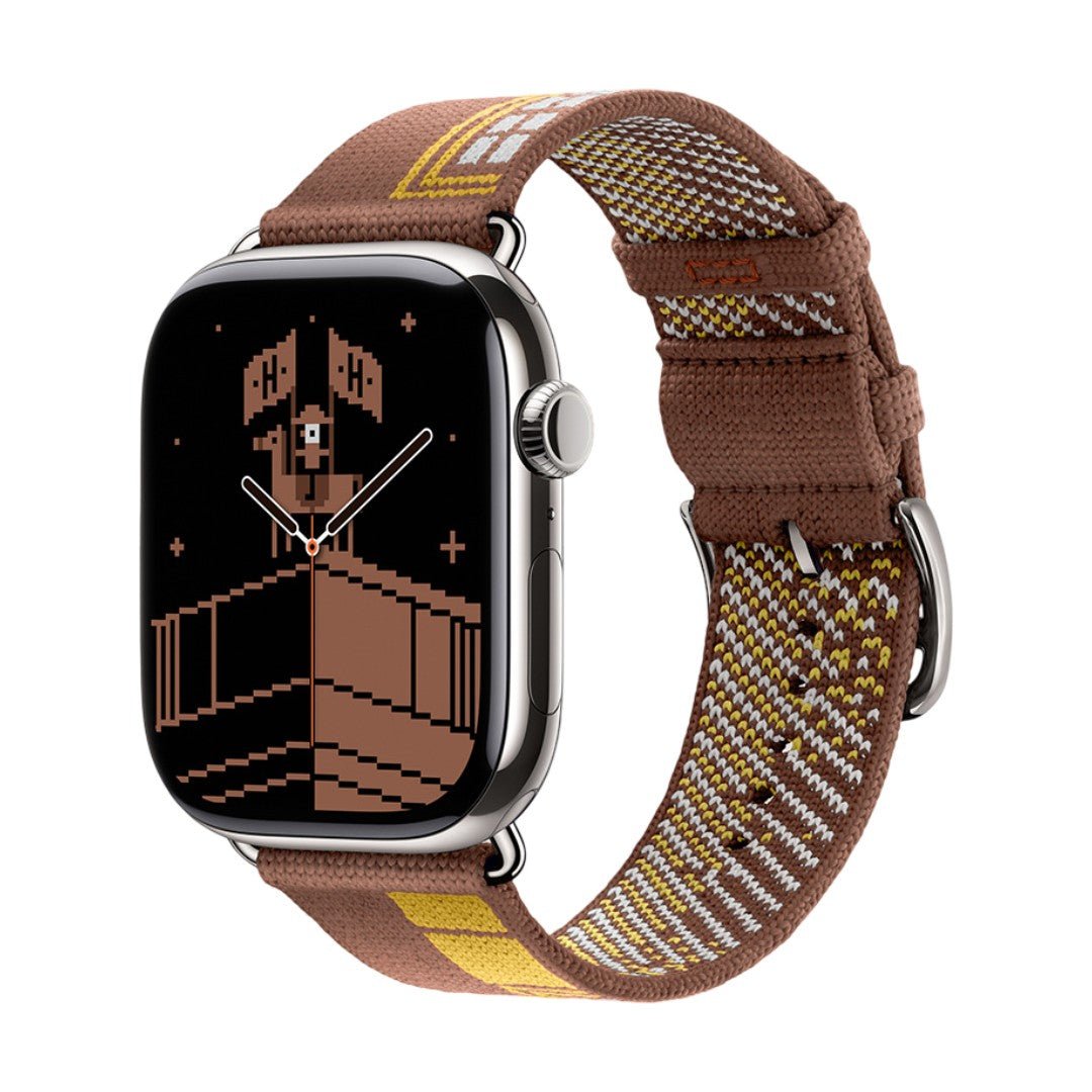 Woven nylon strap for Apple Watch, pixelated geometric pattern, pin buckle, Aréna model