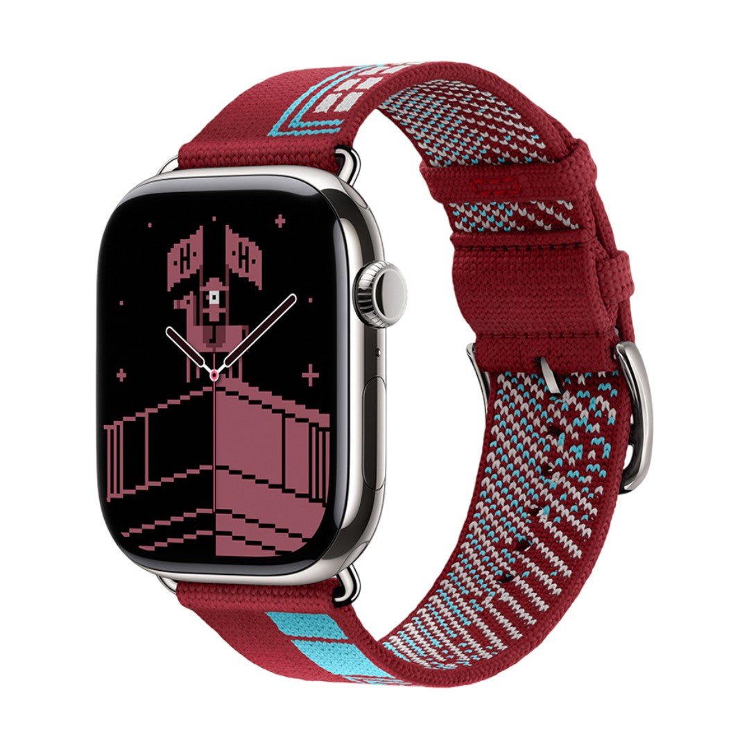 Woven nylon strap for Apple Watch, pixelated geometric pattern, pin buckle, Aréna model