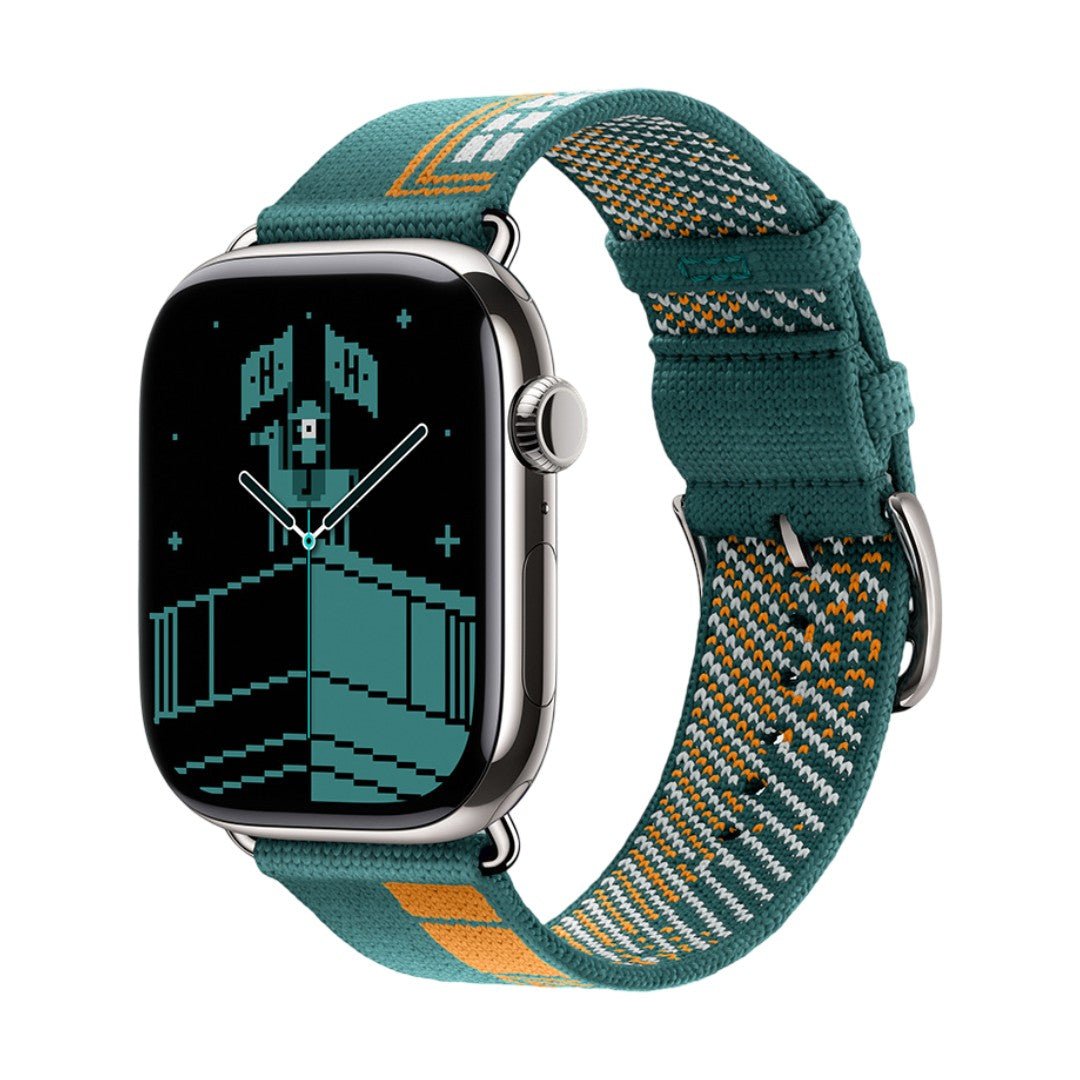 Woven nylon strap for Apple Watch, pixelated geometric pattern, pin buckle, Aréna model