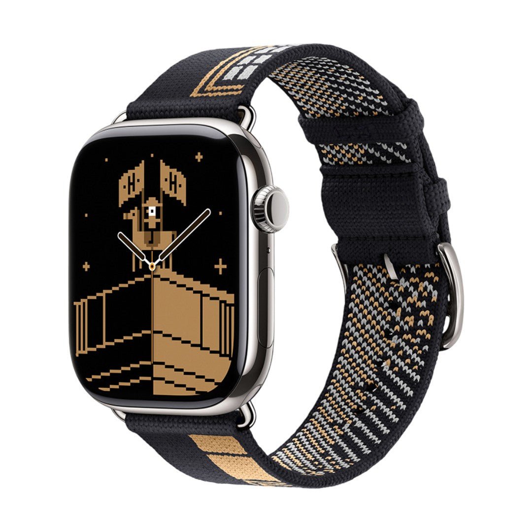 Woven nylon strap for Apple Watch, pixelated geometric pattern, pin buckle, Aréna model