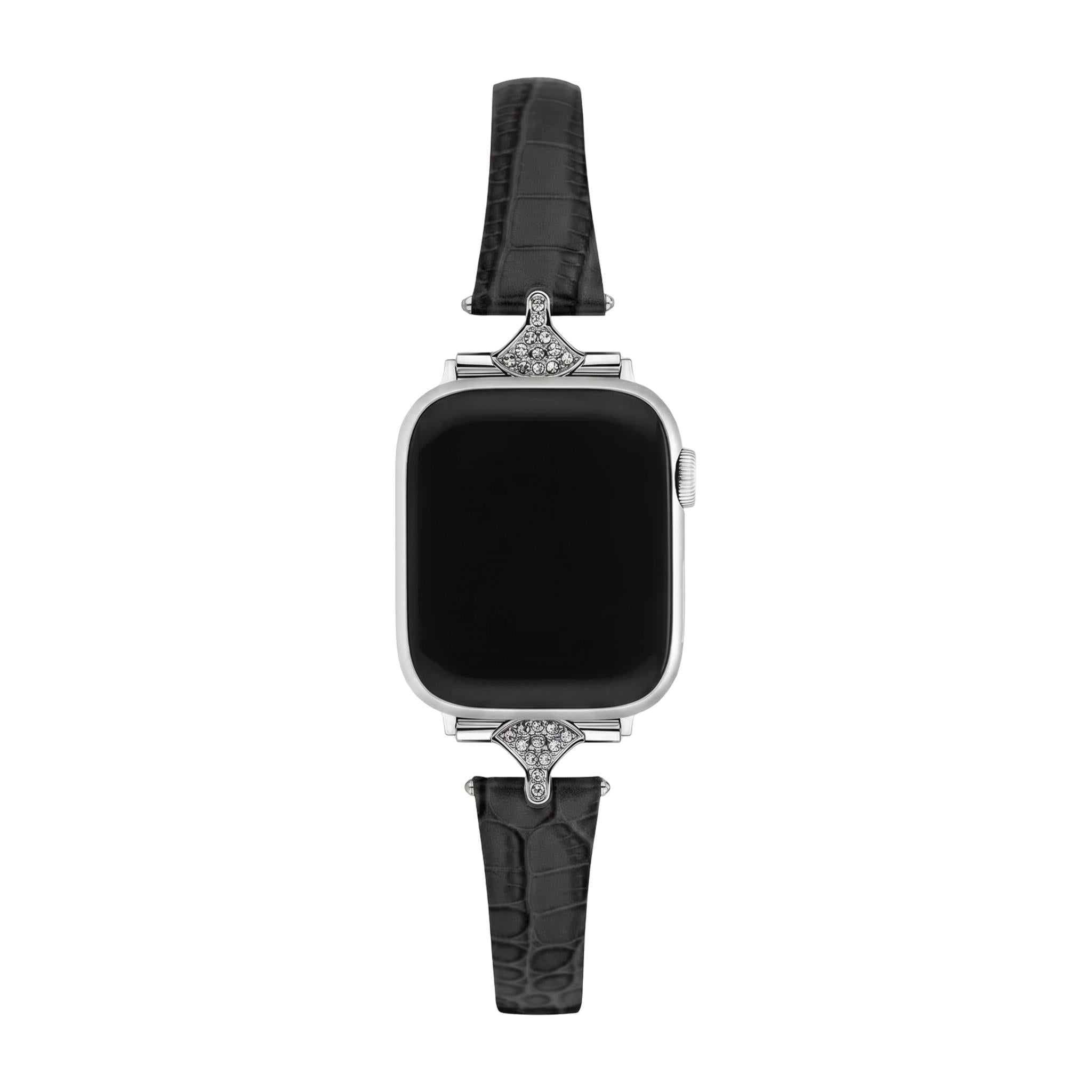 Slim bracelet for women, faux leather with crocodile texture, sparkling rhinestone connectors, compatible with Apple Watch, wrist elegance, Crozia model