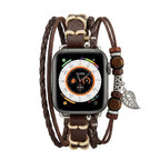 Apple Watch multi-strand braided bracelet, wooden beads and leaf pendant, bohemian style, Trossa model