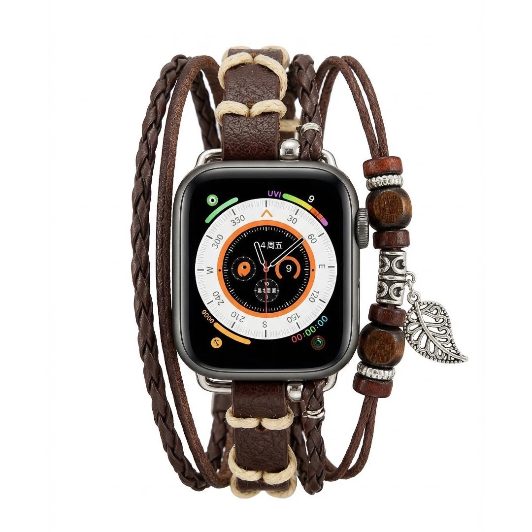 Apple Watch multi-strand braided bracelet, wooden beads and leaf pendant, bohemian style, Trossa model