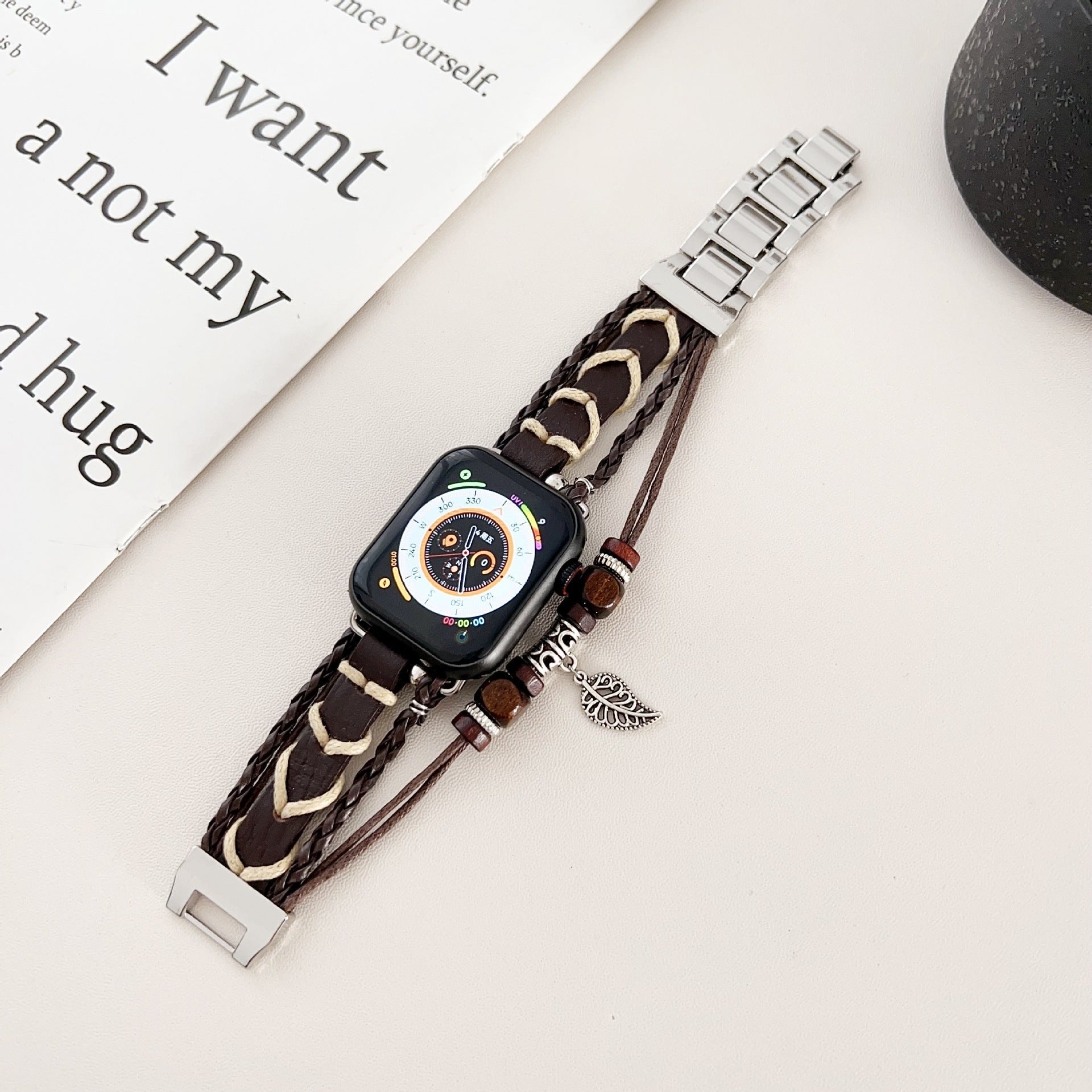 Apple Watch multi-strand braided bracelet, wooden beads and leaf pendant, bohemian style, Trossa model