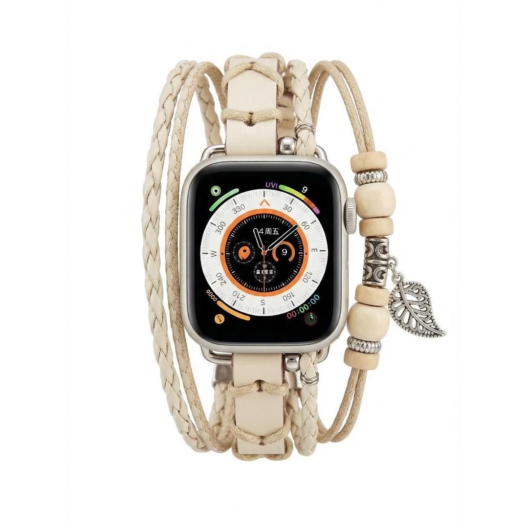 Apple Watch multi-strand braided bracelet, wooden beads and leaf pendant, bohemian style, Trossa model