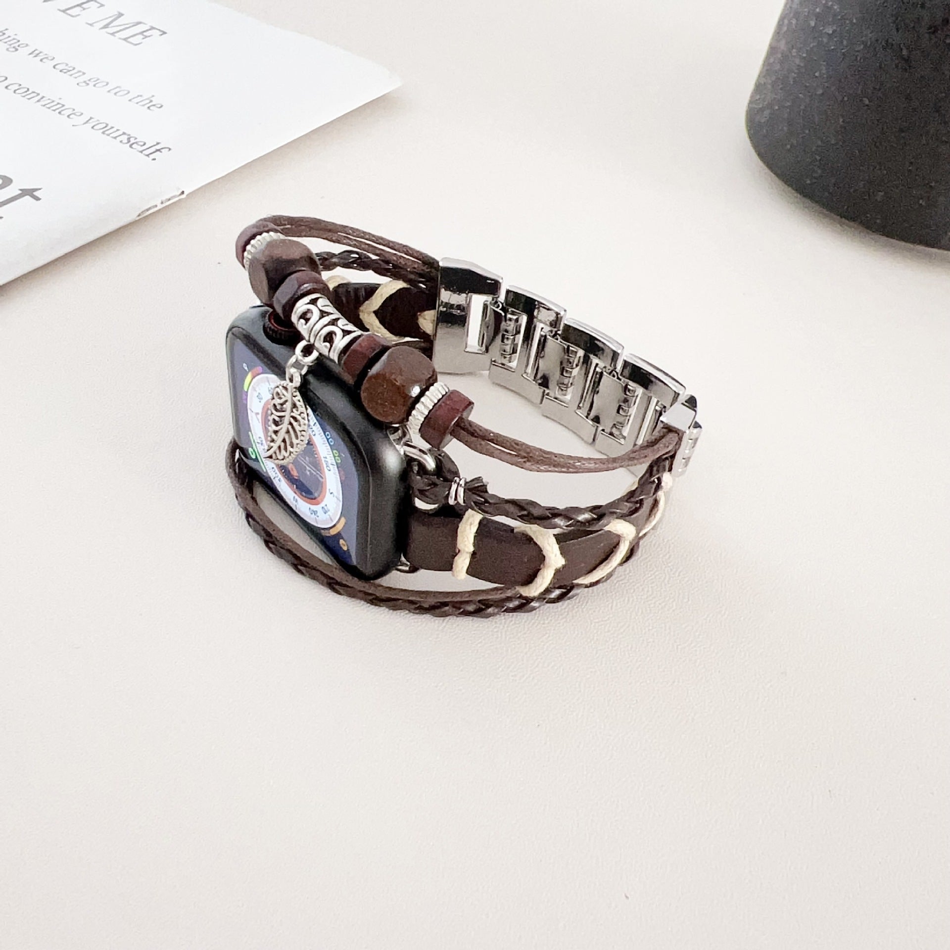 Apple Watch multi-strand braided bracelet, wooden beads and leaf pendant, bohemian style, Trossa model