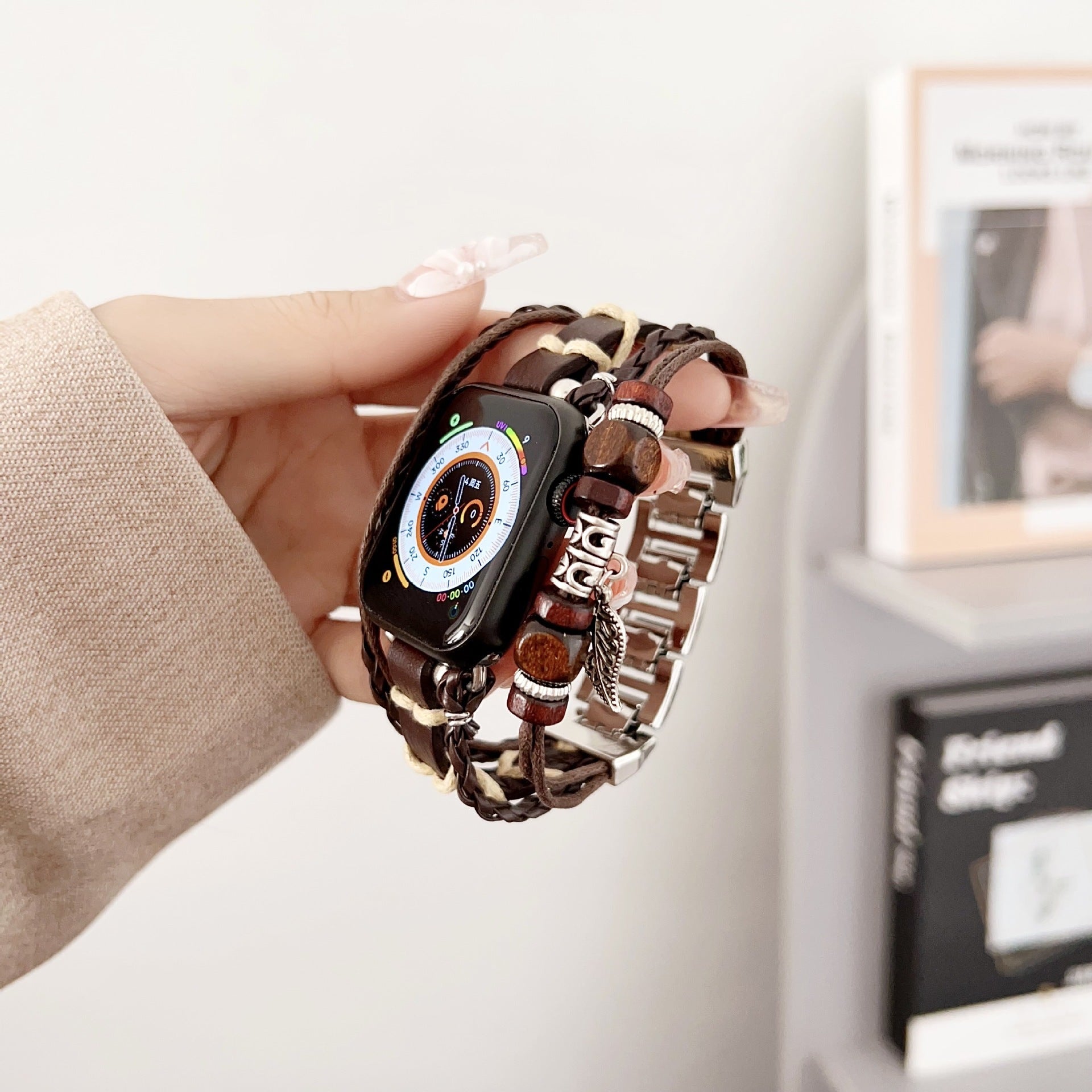 Apple Watch multi-strand braided bracelet, wooden beads and leaf pendant, bohemian style, Trossa model