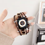 Apple Watch multi-strand braided bracelet, wooden beads and leaf pendant, bohemian style, Trossa model