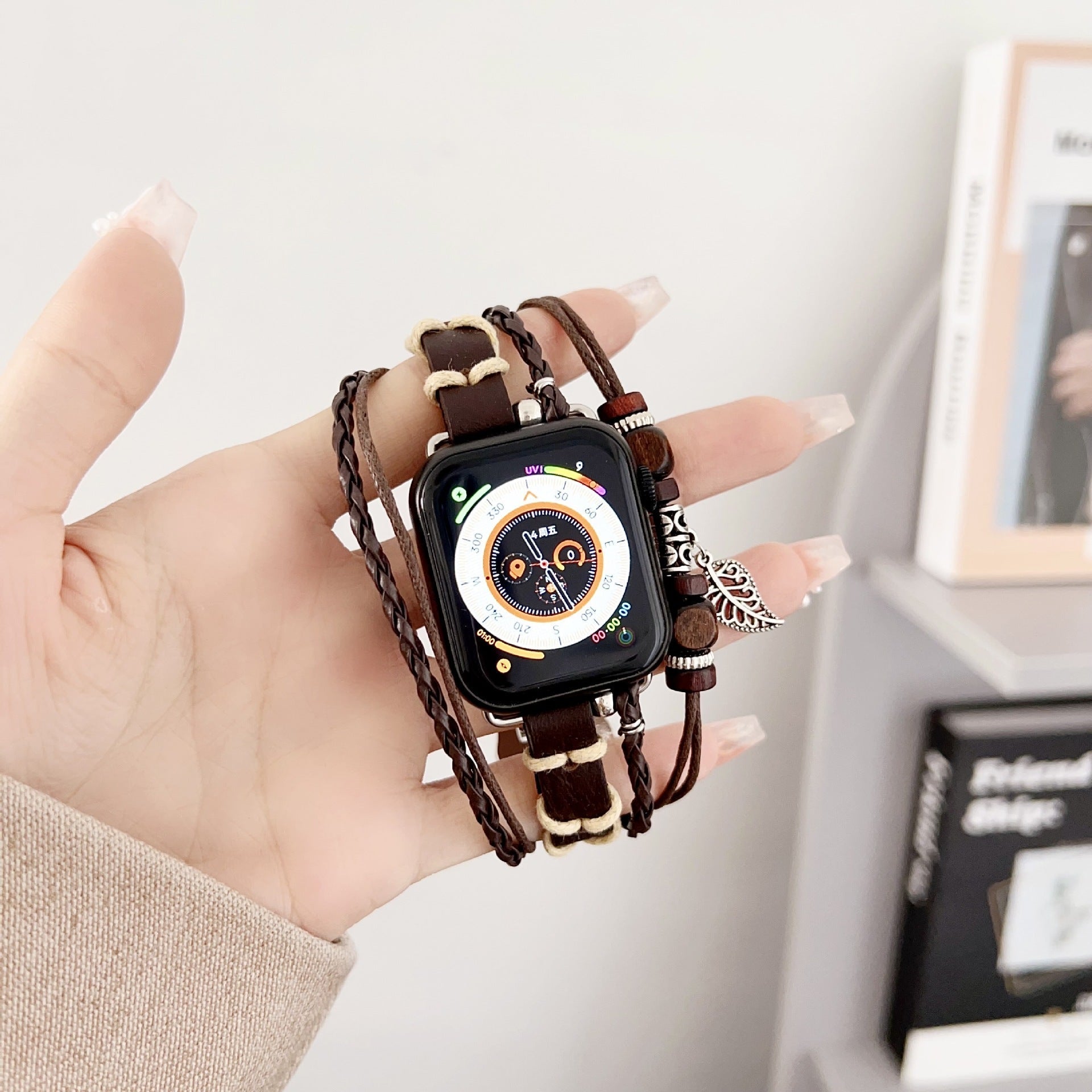 Apple Watch multi-strand braided bracelet, wooden beads and leaf pendant, bohemian style, Trossa model