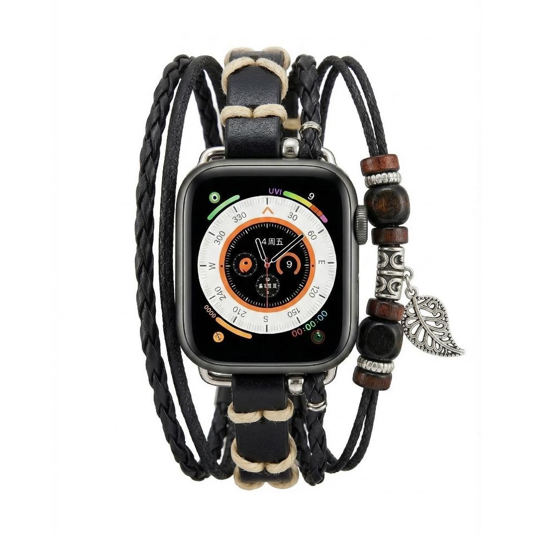 Apple Watch multi-strand braided bracelet, wooden beads and leaf pendant, bohemian style, Trossa model