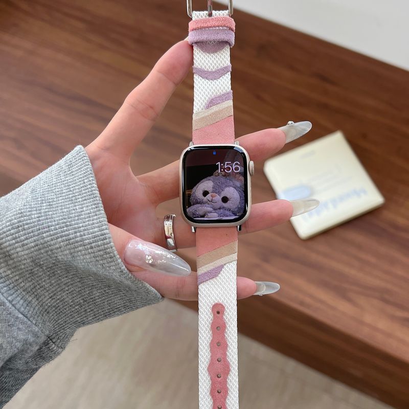 Apple Watch band in woven canvas, colorful wavy patterns, suede inserts, Claire model