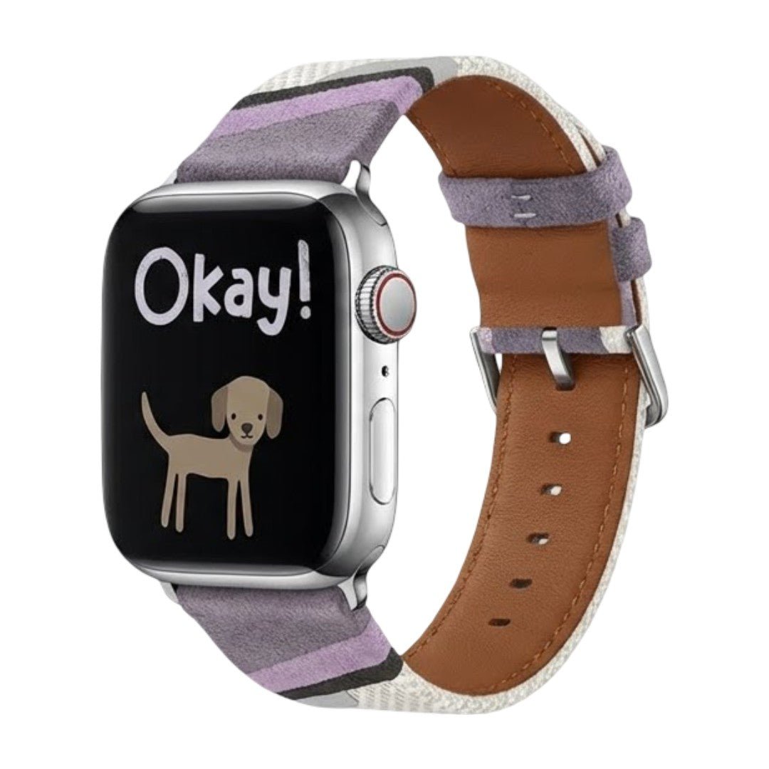 Apple Watch band in woven canvas, colorful wavy patterns, suede inserts, Claire model