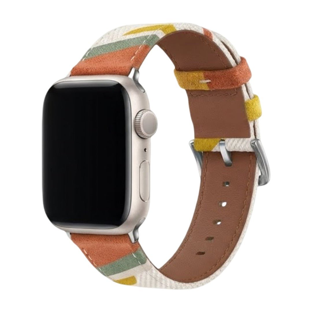 Apple Watch band in woven canvas, colorful wavy patterns, suede inserts, Claire model