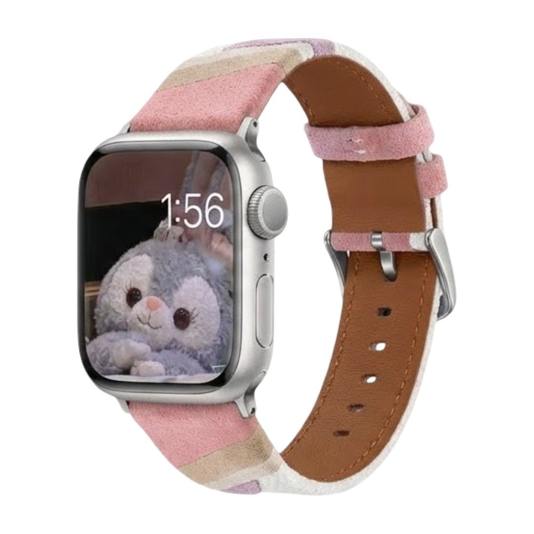 Apple Watch band in woven canvas, colorful wavy patterns, suede inserts, Claire model