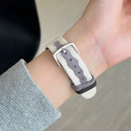Apple Watch band in woven canvas, colorful wavy patterns, suede inserts, Claire model