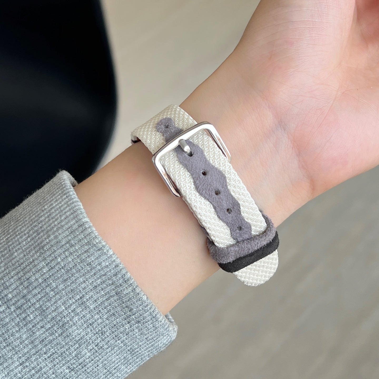 Apple Watch band in woven canvas, colorful wavy patterns, suede inserts, Claire model