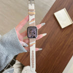 Apple Watch band in woven canvas, colorful wavy patterns, suede inserts, Claire model