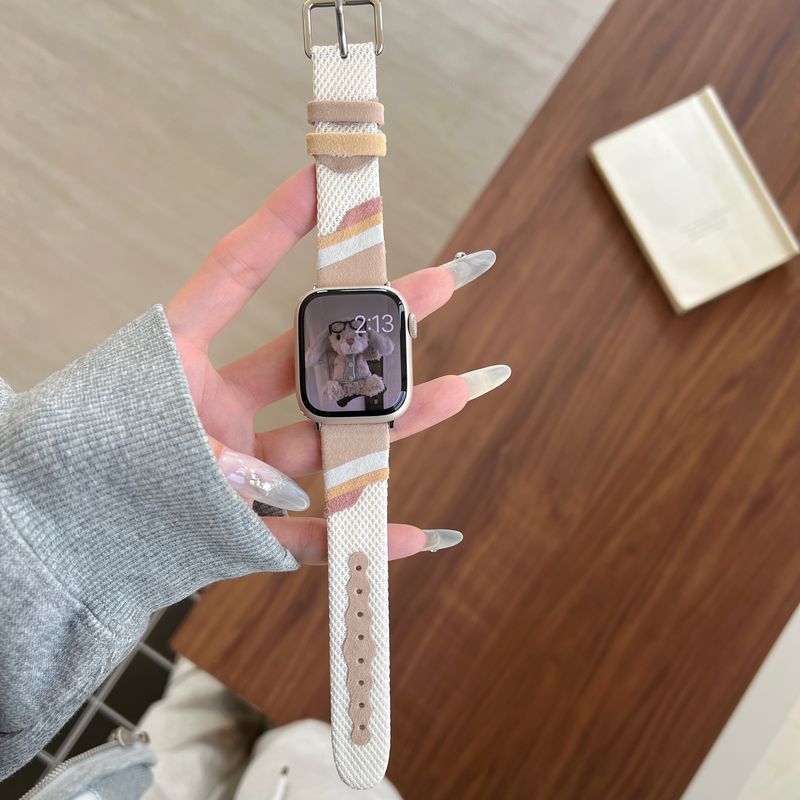 Apple Watch band in woven canvas, colorful wavy patterns, suede inserts, Claire model