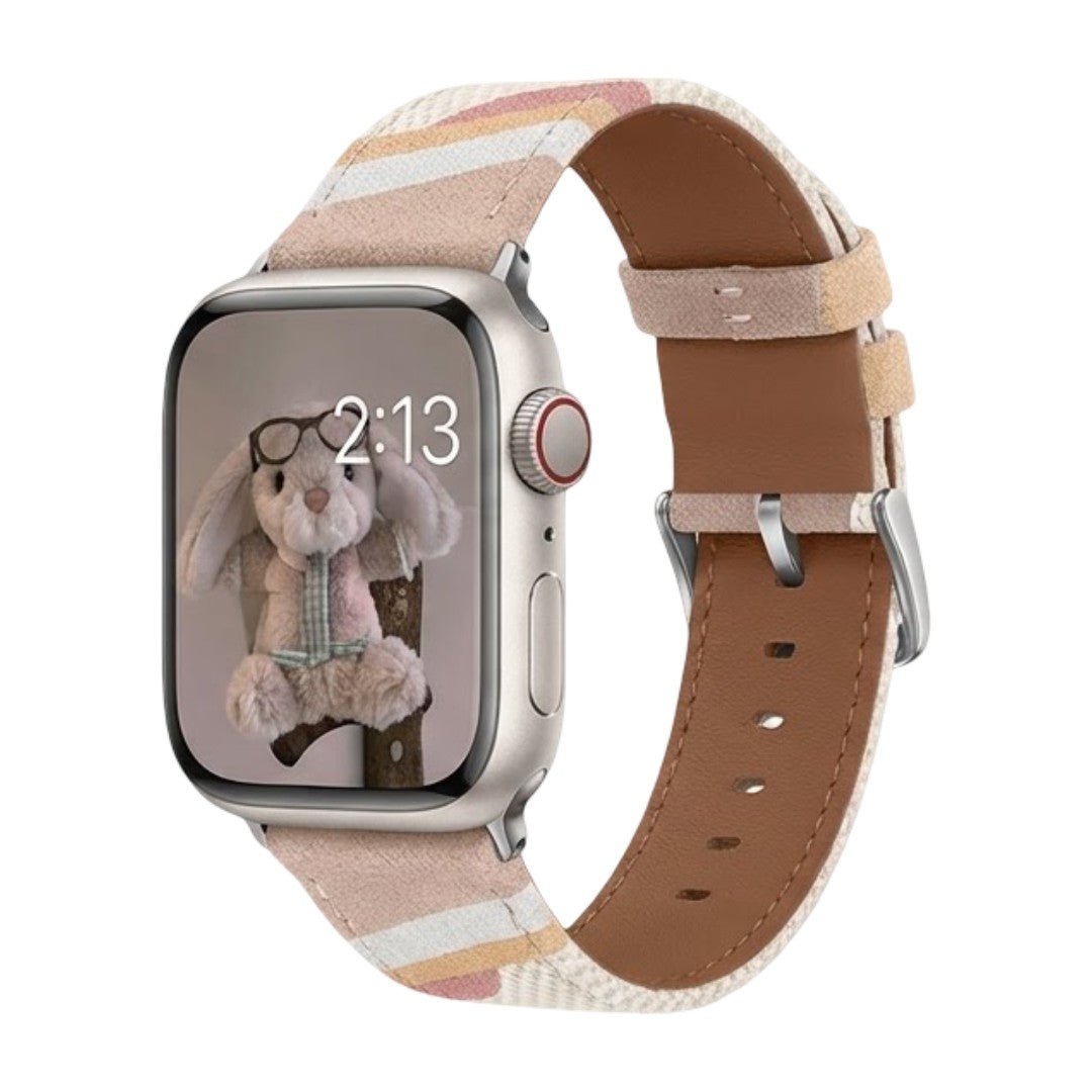Apple Watch band in woven canvas, colorful wavy patterns, suede inserts, Claire model