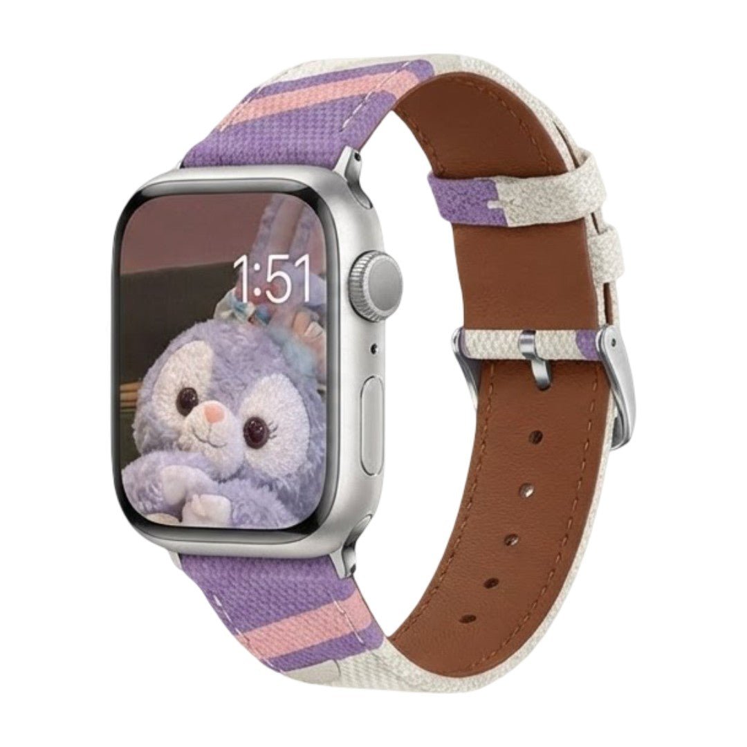 Apple Watch band in woven canvas, colorful wavy patterns, suede inserts, Claire model