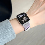 Apple Watch band in woven canvas, colorful wavy patterns, suede inserts, Claire model