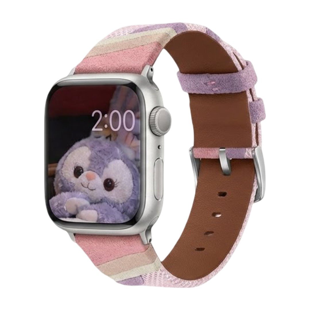 Apple Watch band in woven canvas, colorful wavy patterns, suede inserts, Claire model
